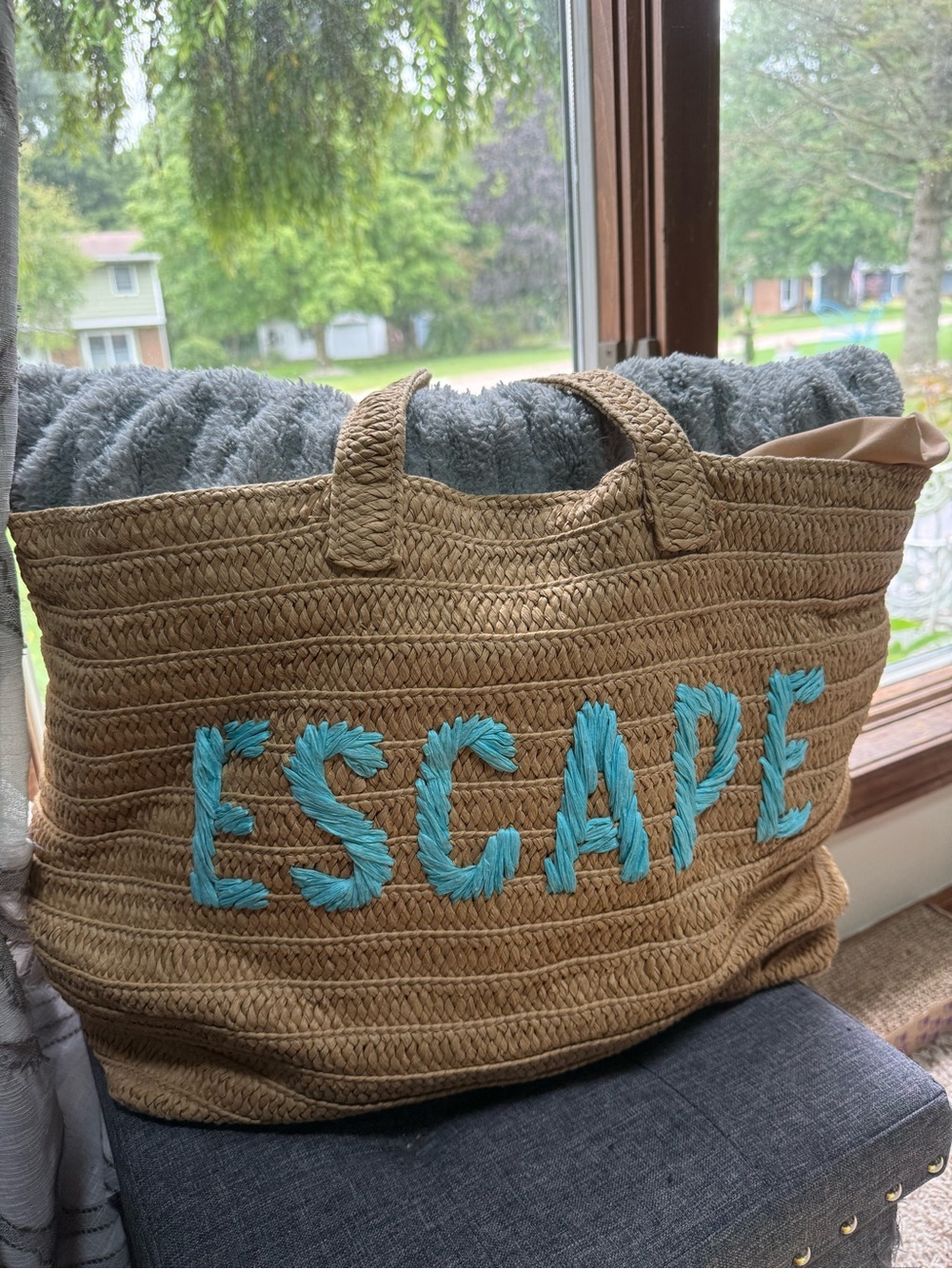 Kasa Style Oversized Straw Beach Tote Bag Teal Blue ESCAPE Embroidered Woven